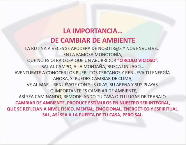 La importancia...D e cambiar de ambiente Octubre 09 de 2012